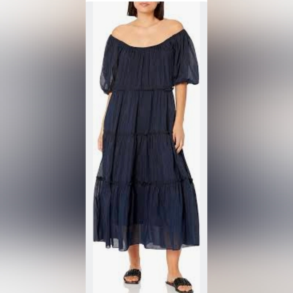 $178 Karen Kane Women's Blue Silk Short Sleeve Scoop Neck Midi Maxi Dress Size M